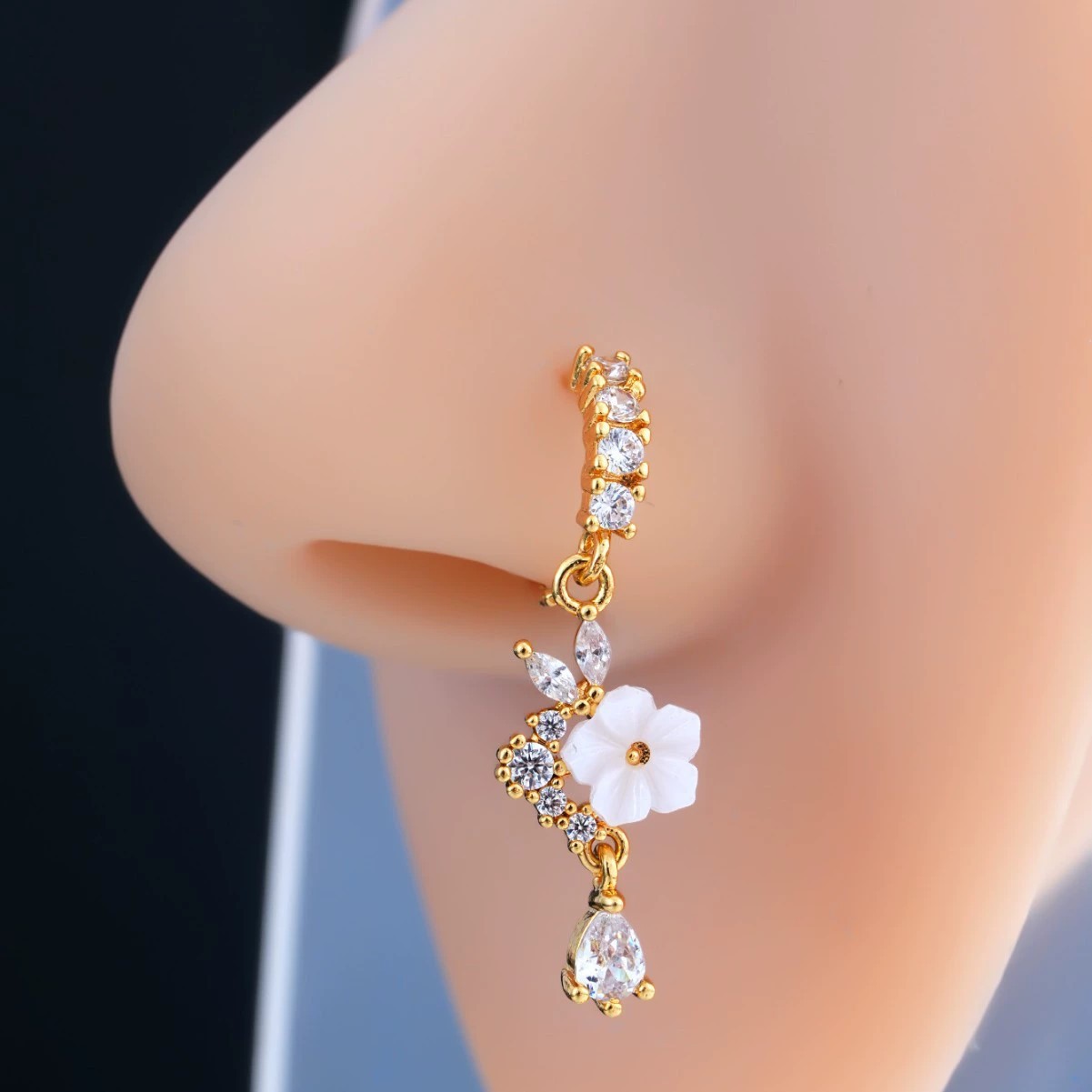 Body Jewelry Nose Studs - Gold Flower Nose Ring with Dangle