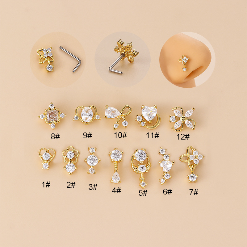 Body Jewelry Nose Studs - 20G L-Shaped Cubic Zircon Nose Stud,